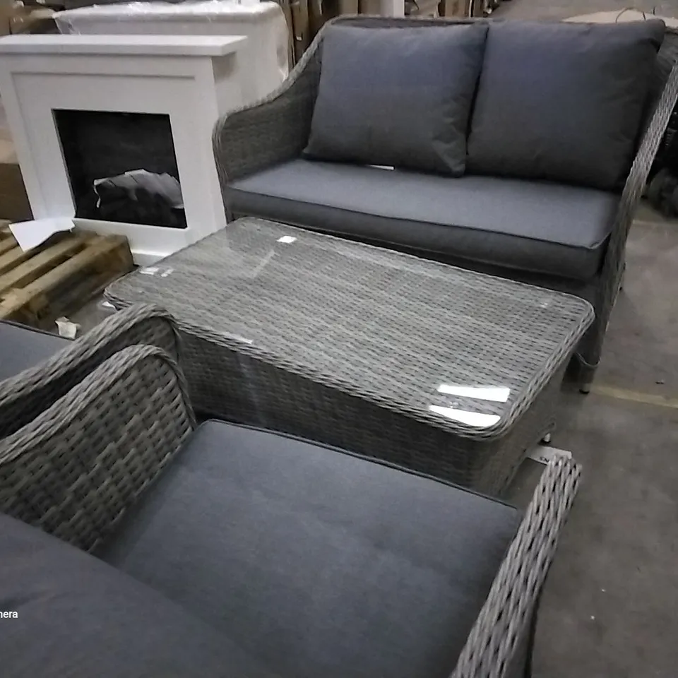 RATTAN EFFECT GARDEN CHAIRS AND TABLE   WITH CUSHIONS 