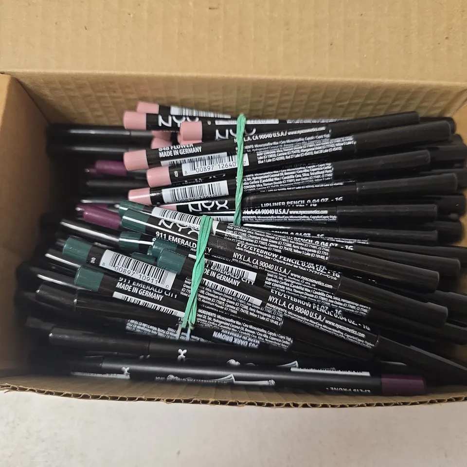 APPROXIMATELY 70 ASSORTED NYX EYEBROW/LIP PENCILS IN VARIOUS COLOURS