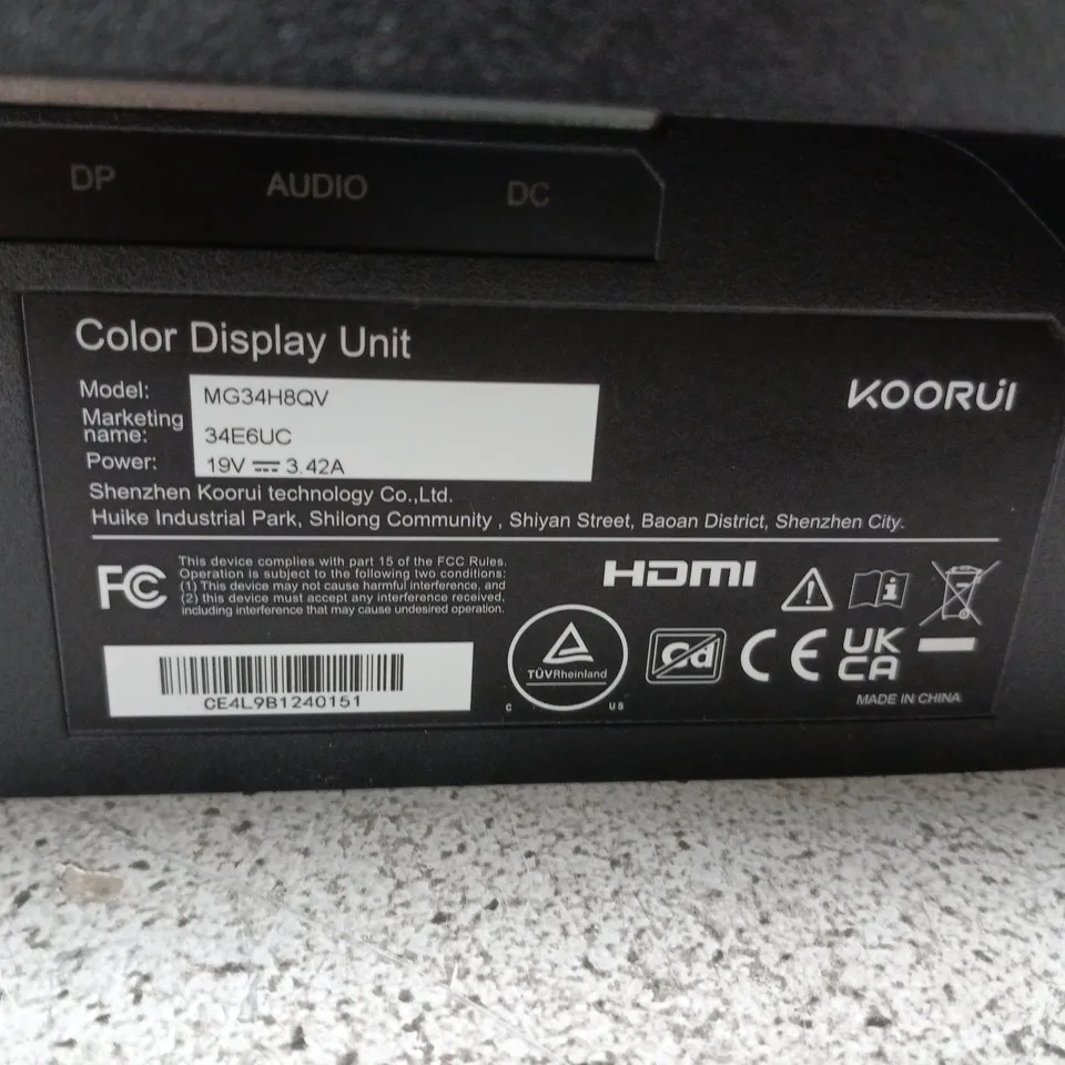 BOXED KOORUI 34" CURVED ULTRAWIDE COLOUR DISPLAY UNIT (MG34H8QV) - POWERS ON