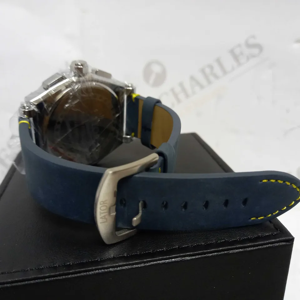 LATOR CALIBRE BLUE & YELLOW DIAL SUEDE LEATHER STRAP WATCH RRP £635