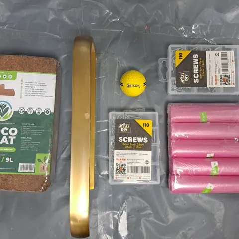 APPROXIMATELY 10 ASSORTED HOUSEHOLD ITEMS TO INCLUDE SCREWS, COCO PEAT, GOLF BALL, ETC
