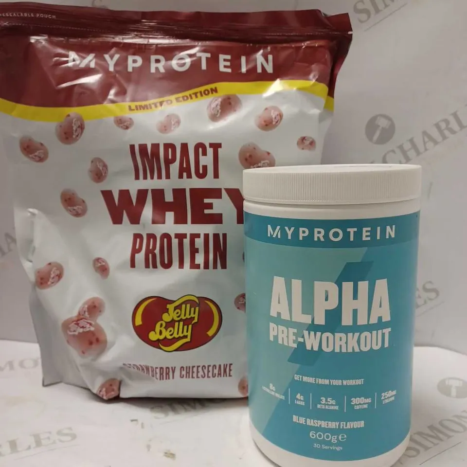LOT OF 2 MY PROTEIN PRODUCTS TO INCLUDE IMPACT WHEY PROTEIN JELLY BEAN STRAWBERRY CHEESECAKE 1.08KG & APLHA PRE-WORKOUT BLUE RASPBERRY 600G 