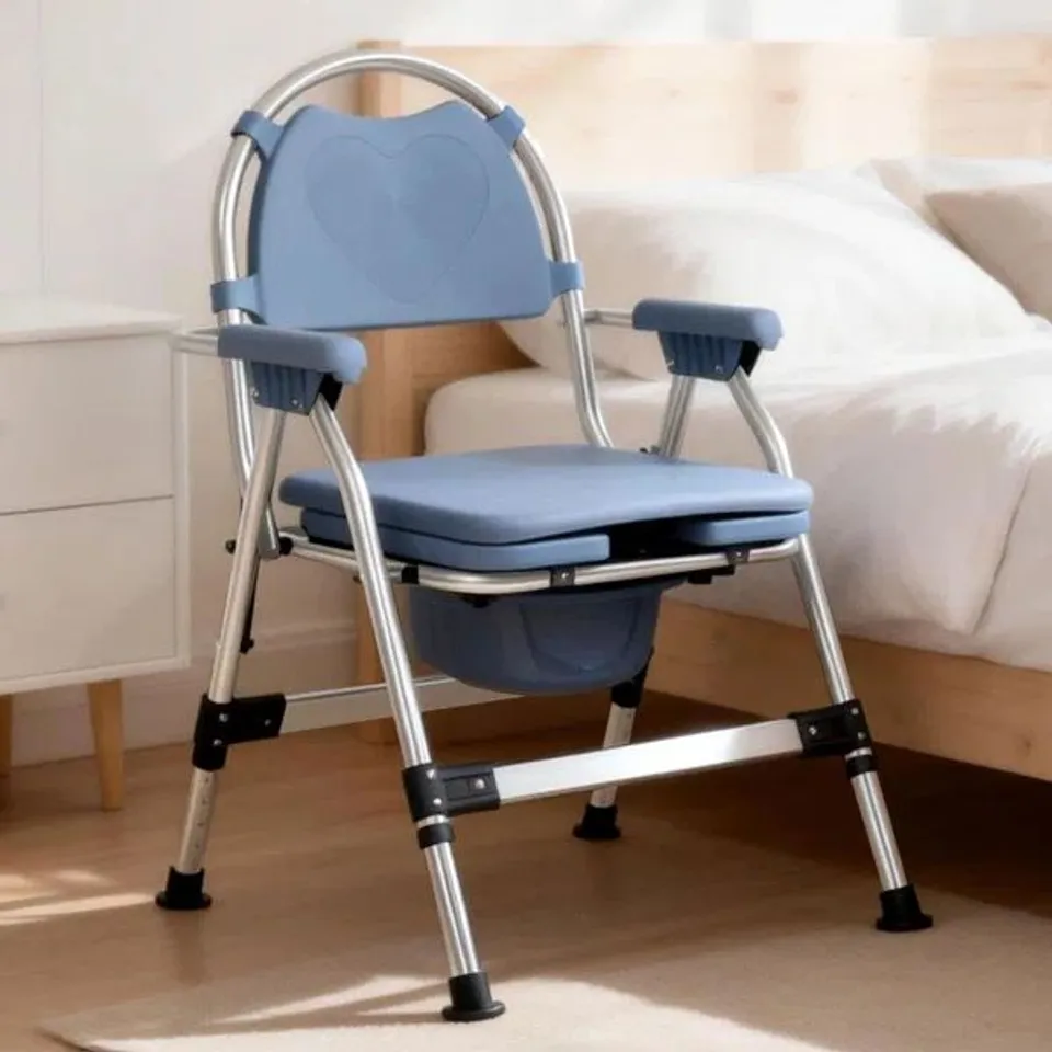 BOXED COMMODE TOILET CHAIR, HEIGHT ADJUSTABLE BEDSIDE COMMODE CHAIRS - BLUE (1 BOX)