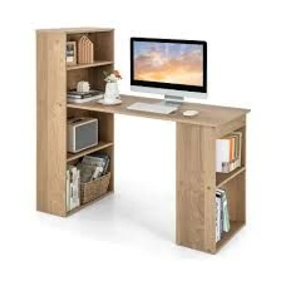 BOXED COSTWAY WOODEN COMPUTER DESK WITH BOOKSHELF NATURAL