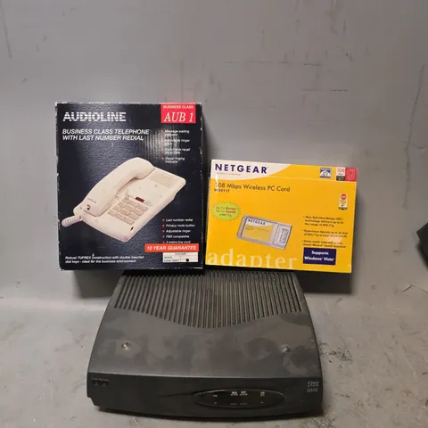 BOX OF APPROXMATELY 10 ASSORTED ITEMS TO INCLUDE - NETGEAR 108MBPS WIRELESS PC CARD , AUDIO LINE TELEPHONE , CISCO 1700 ROUTER ETC