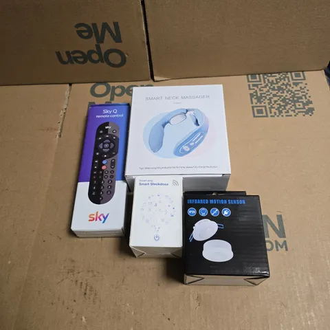 TOTE OF APPROXIMATELY 10 ASSORTED ITEMS TO INCLUDE SMART NECK MASSAGER, SKY Q REMOTE CONTROL, INFRARED MOTION SENSOR, SMART PLUG ETC