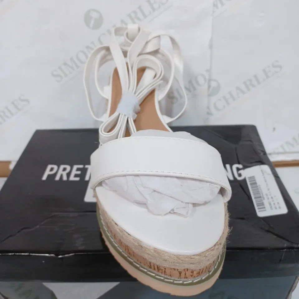 BOXED PAIR OF PRETTY-LITTLE-THING WIDE FIT PU TIE ANKLE ESPADRILLES - WHITE / SIZE: 7 UK 