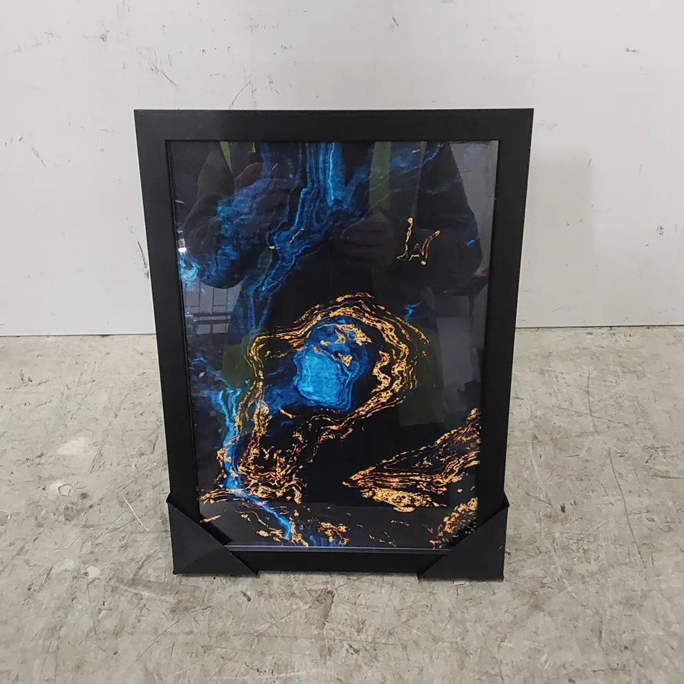 BOXED ABSTRACT DARK BLUE GOLD WAVES MODERN PICTURE FRAMED