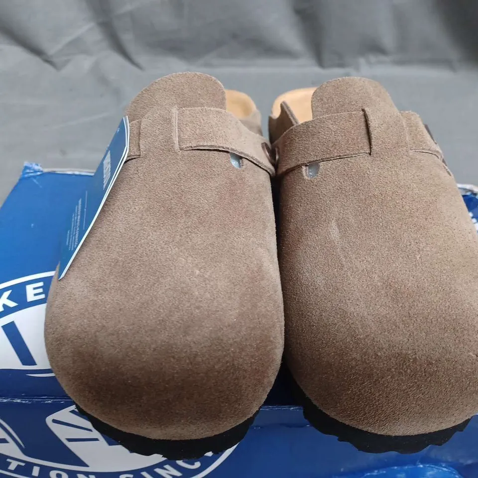 BOXED PAIR OF BIRKENSTOCK SANDALS IN STONE - SIZE 38