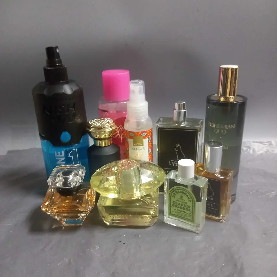 BOX OF APPROX 10 ASSORTED FRAGRANCES TO INCLUDE - VERSACE YELLOW DIAMOND - ZARA BOHEMIAN OUD - ARAMIC IRIS - ETC