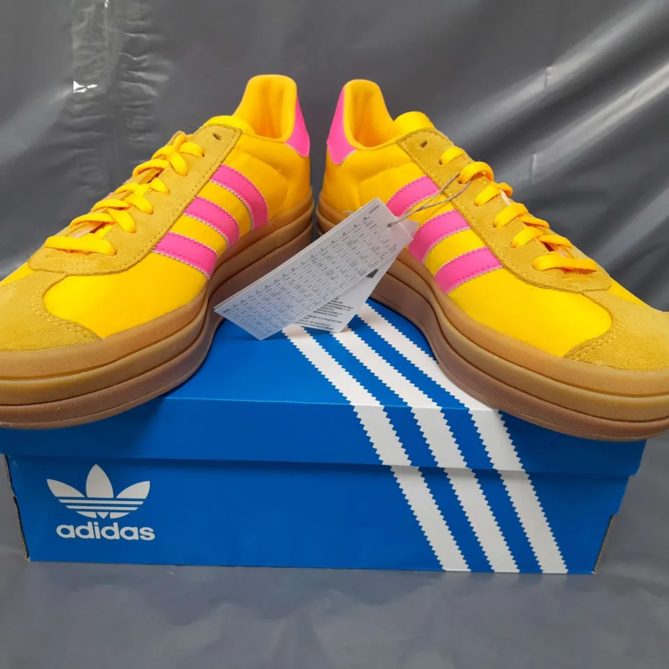 BOXED PAIR OF ADIDAS GAZELLE BOLD IN YELLOW/PINK UK SIZE 6.5