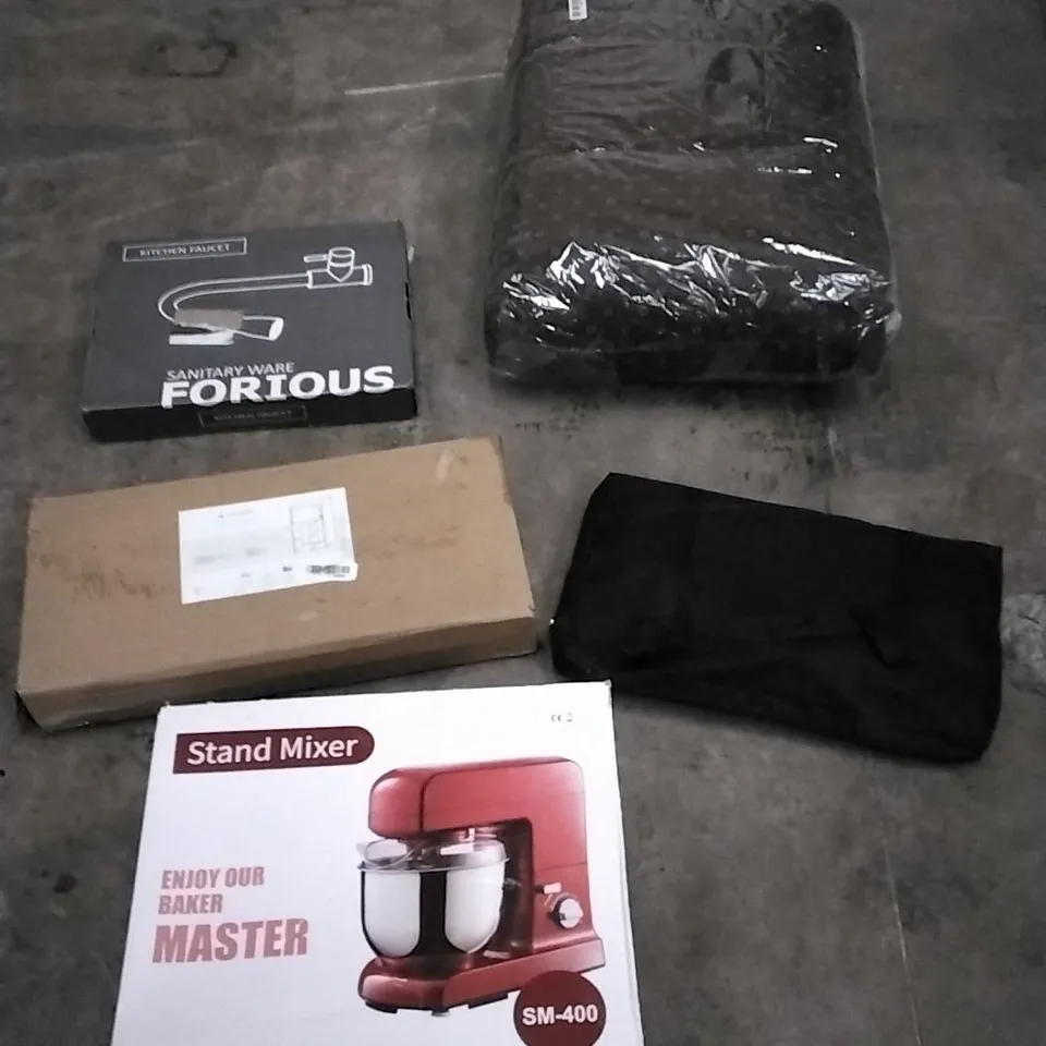 PALLET OF ASSORTED ITEMS INCLUDING KITCHEN FAUCET, GIANT BLANKET, FOLDING WARDROBE, BATH RACK AND STAND MIXER