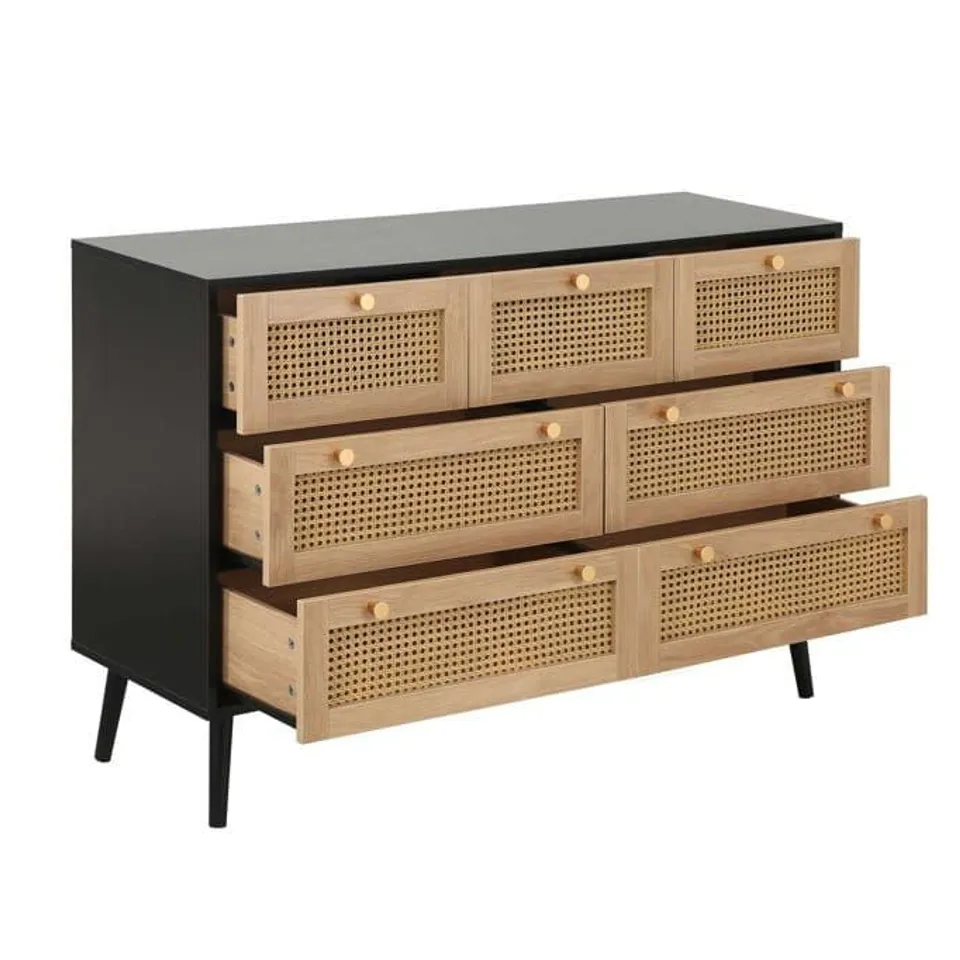 BOXED CROXLEY 7 DEAWER RATTAN CHEST -OAK-