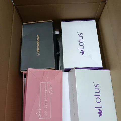 BOX OF APPROXIMATELY 12 PAIRS OF ASSORTED SHOES IN VARIOUS STYLES , COLOURS AND SIZES INCLUDING DUNLOP AND LOTUS