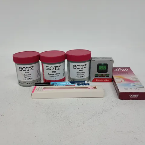TOTE OF APPROXIMATELY 15 ASSORTED ITEMS TO INCLUDE BOTZ CRAFT SUPPLIES, AIR UP CANDY, DIGITAL LEVER BOX, BALLOPOINT PEN ETC