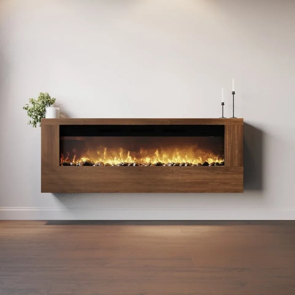 BOXED WALL-MOUNTED ELECTRIC FIRE WITH WALNUT SURROUND - 60 INCH - AMBERGLO