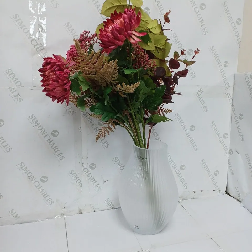BOXED OUTLET PEONY CHRYSANTHEMUMS AND AUTUMNAL FOLIAGE IN AN OPTIC VASE
