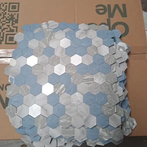 APPROXIMATELY 15 HEXAGONAL VINYL FLOOR TILES - BLUE, GREY AND SILVER