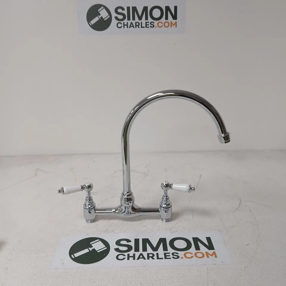 CHROME KITCHEN MIXER TAP WITH GOOSENECK SPOUT AND TWIN WHITE HANDLES