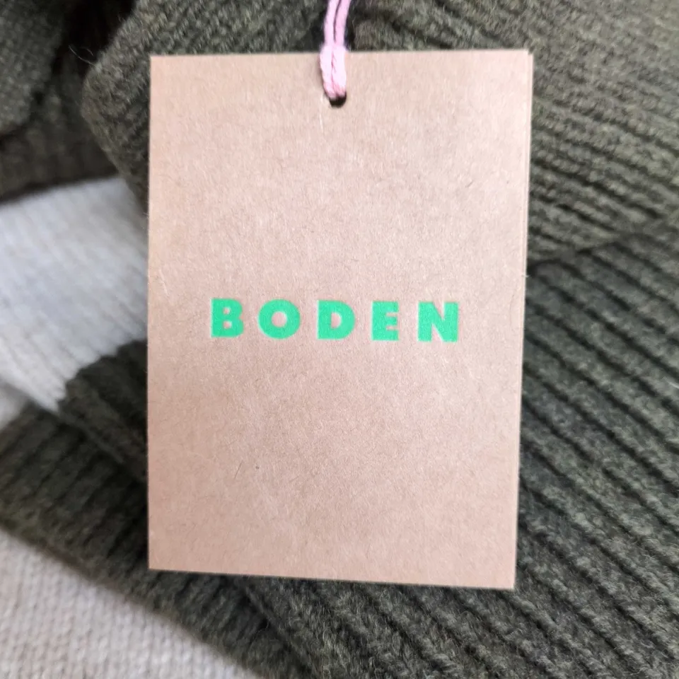 BODEN STRIPED KNIT JUMPER – OLIVE & CREAM, UK SIZE M 