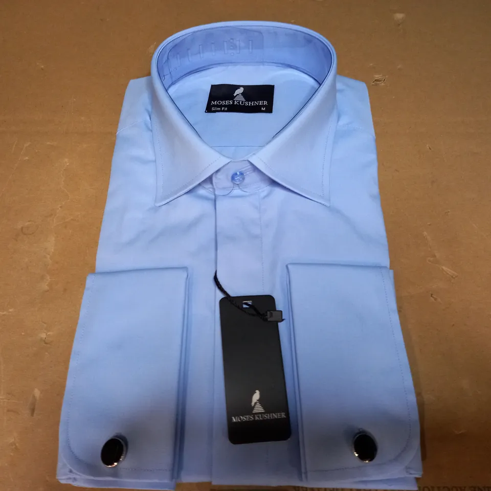 MOSES KUSHNER LOT OF 5 LONG SLEEVE SLIM FIT BUTTONED SHIRTS IN VARIOUS SIZES AND COLOURS - 3 BLUE MEDIUM, 1 BLUE LARGE, 1 LIGHT BLUE SMALL