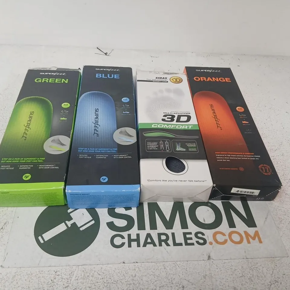APPROXIMATELY 12 ASSORTED SUPERFEET INSOLES – GREEN, BLUE, ORANGE + SIDAS 3D COMFORT (BOXED, SET OF 4)