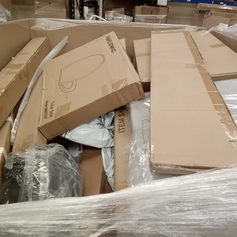 PALLET OF ASSORTED ITEMS INCLUDING  RETRACTABLE BABY GATE, STOREMIC TOILET SEAT, STAINLESS STEEL PEDAL BIN, CLOTHES RAIL, FORGING MOUNT TV WALL MOUNT, ECOHEATER