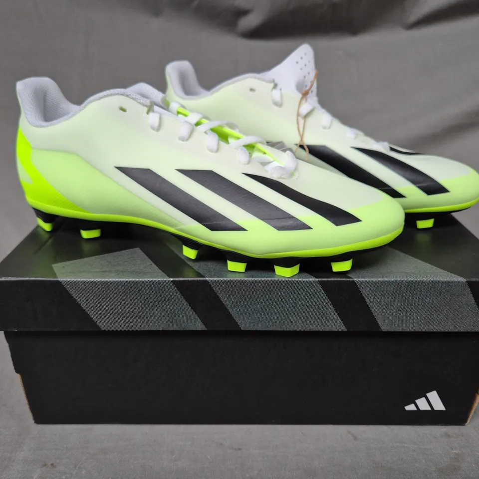 BOXED PAIR OF ADIDAS X CRAZYFAST.4 FOOTBALL BOOTS IN WHITE/LIME/BLACK UK SIZE 6.5