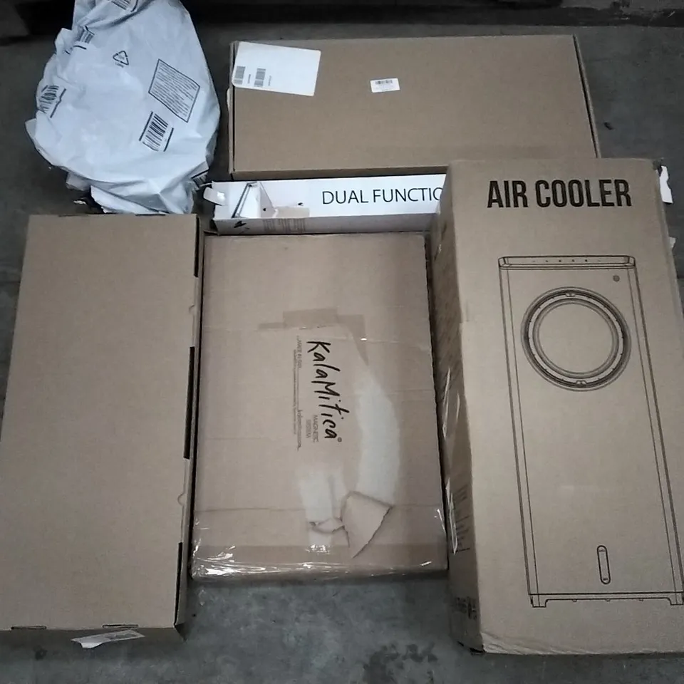 PALLET OF ASSORTED ITEMS INCLUDING AIR COOLER, DUAL FUNCTION SECURITY BAR, PRIVACY FILTER, ORGA ECO FRIENDLY PAPER COFFEE CUPS, KALAMITICA MAGNETIC SYSTEM, HOODED FLANNEL SLEEPING BAG