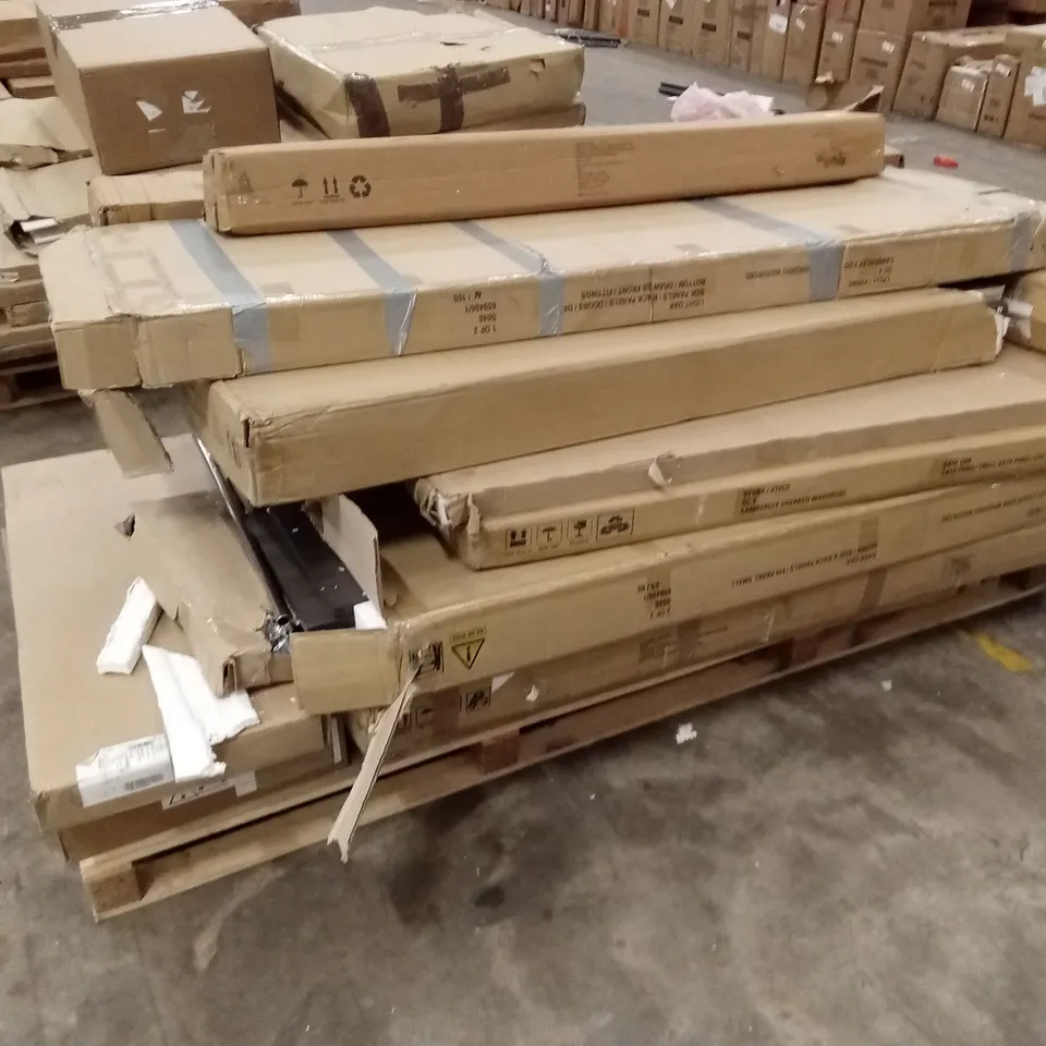 PALLET OF ASSORTED DESIGNER INCOMPLETE FURNITURE PARTS TO INCLUDE; PARASOL, WARDROBE, BED PARTS AND PIECES ETC