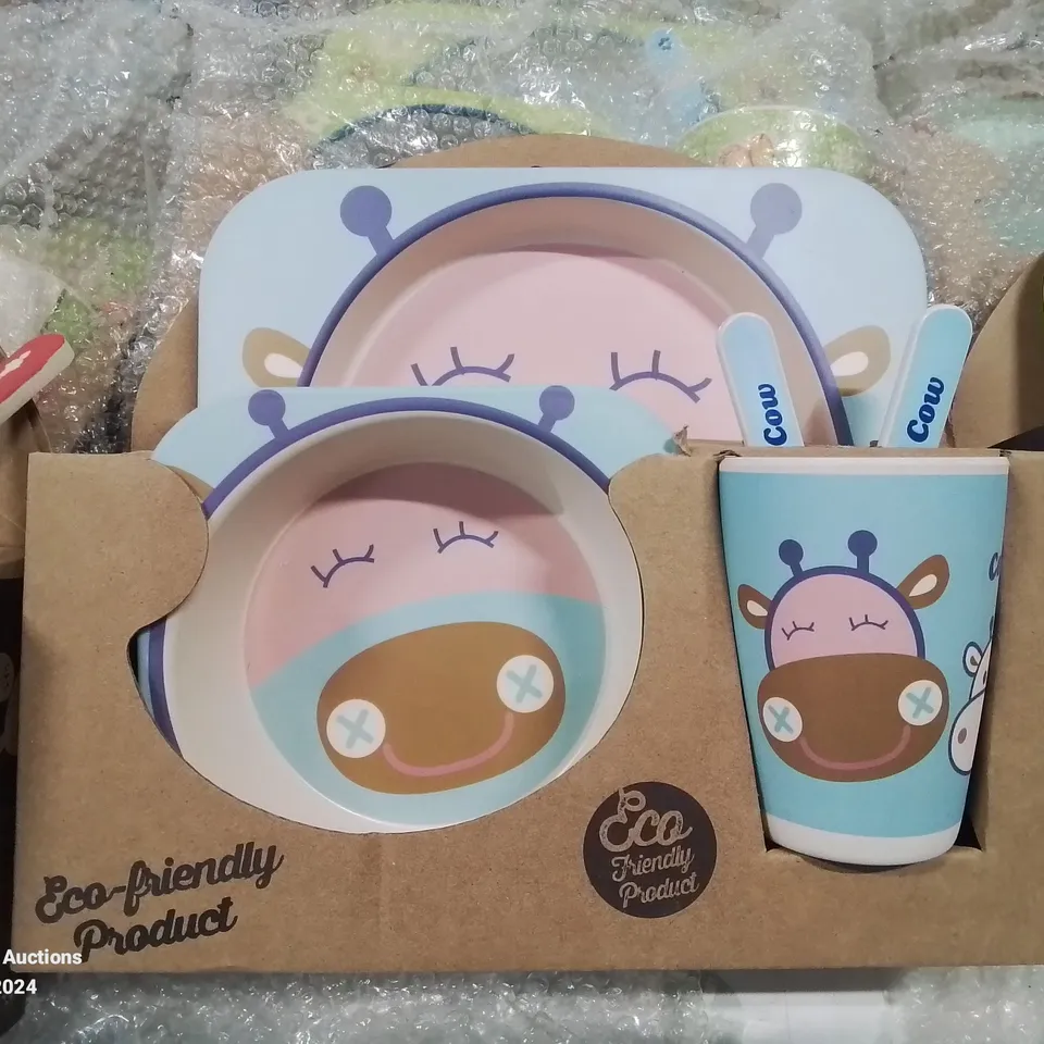 12 SETS OF CHILDREN'S ECO FRIENDLY PLATE, BOWL, CUP AND CUTLERY SETS.