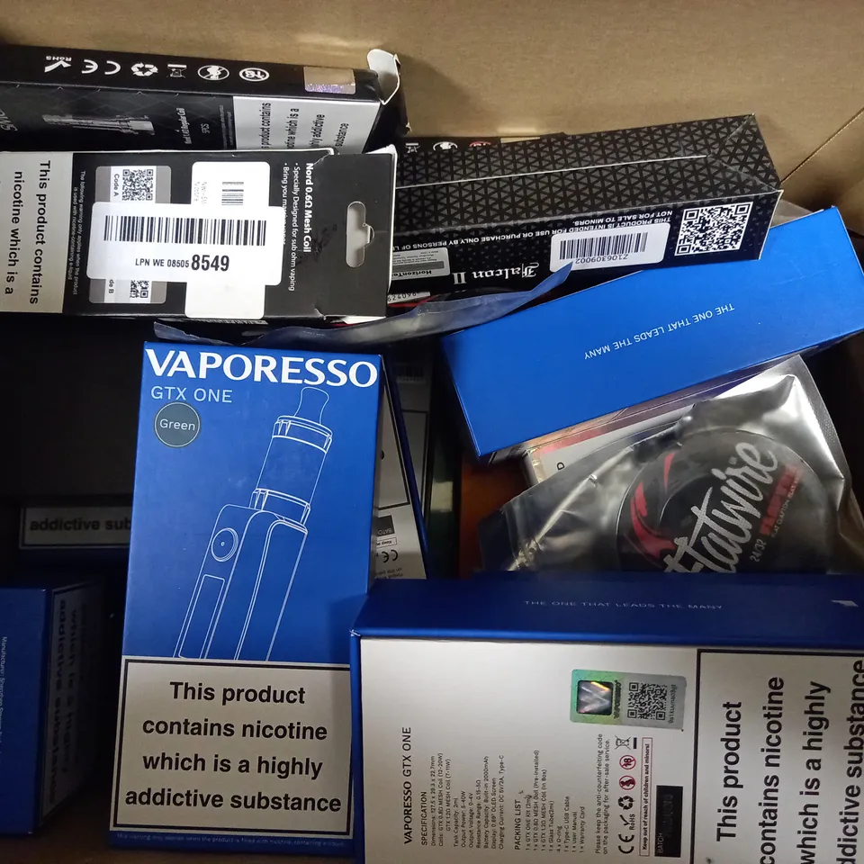 LOT OF 25 ASSORTED VAPING DEVICES & ACCESSORIES, TO INCLUDE VAPORESSO, VANDY VAPE, ETC