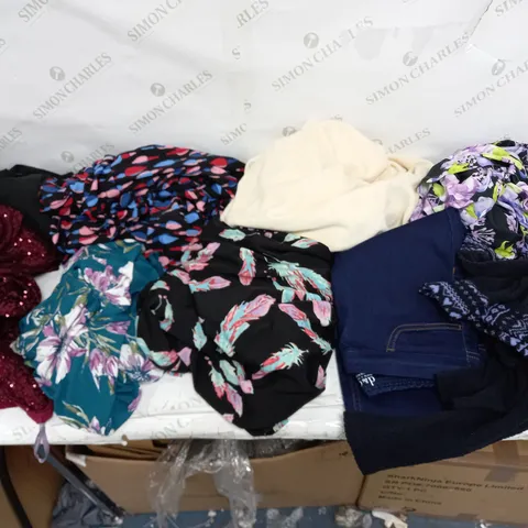 LARGE BOX OF ASSORTED CLOTHING ITEMS TOO INCLUDE TOPS , DRESSES AND BLAZERS COMING IN DIFFERENT COLOURS AND SIZES 