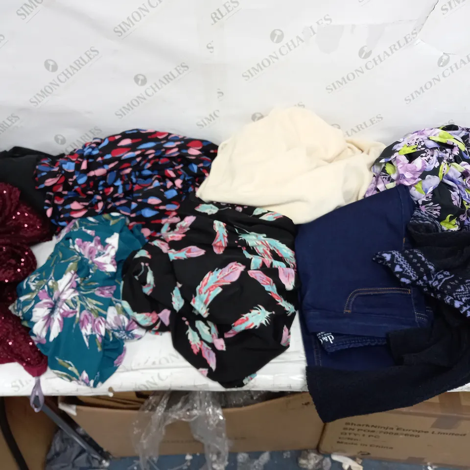 LARGE BOX OF ASSORTED CLOTHING ITEMS TOO INCLUDE TOPS , DRESSES AND BLAZERS COMING IN DIFFERENT COLOURS AND SIZES 