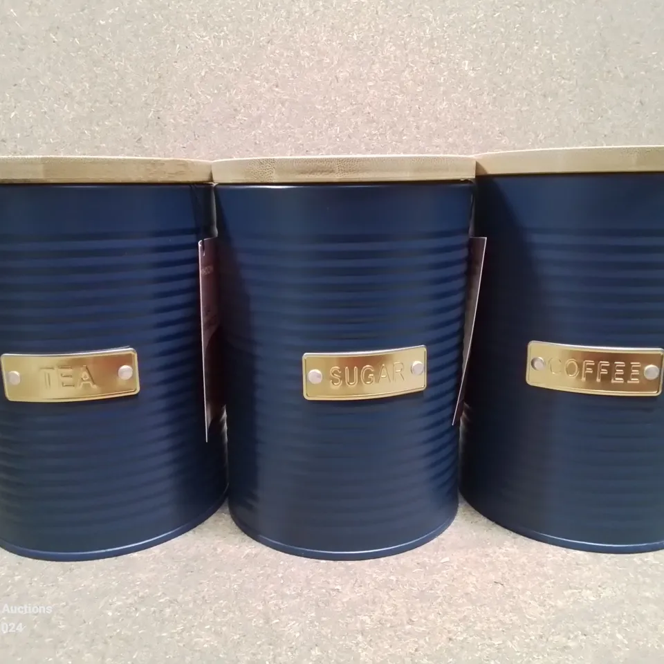 BOXED TEA, COFFEE AND SUGAR CANNISTER SET IN NAVY