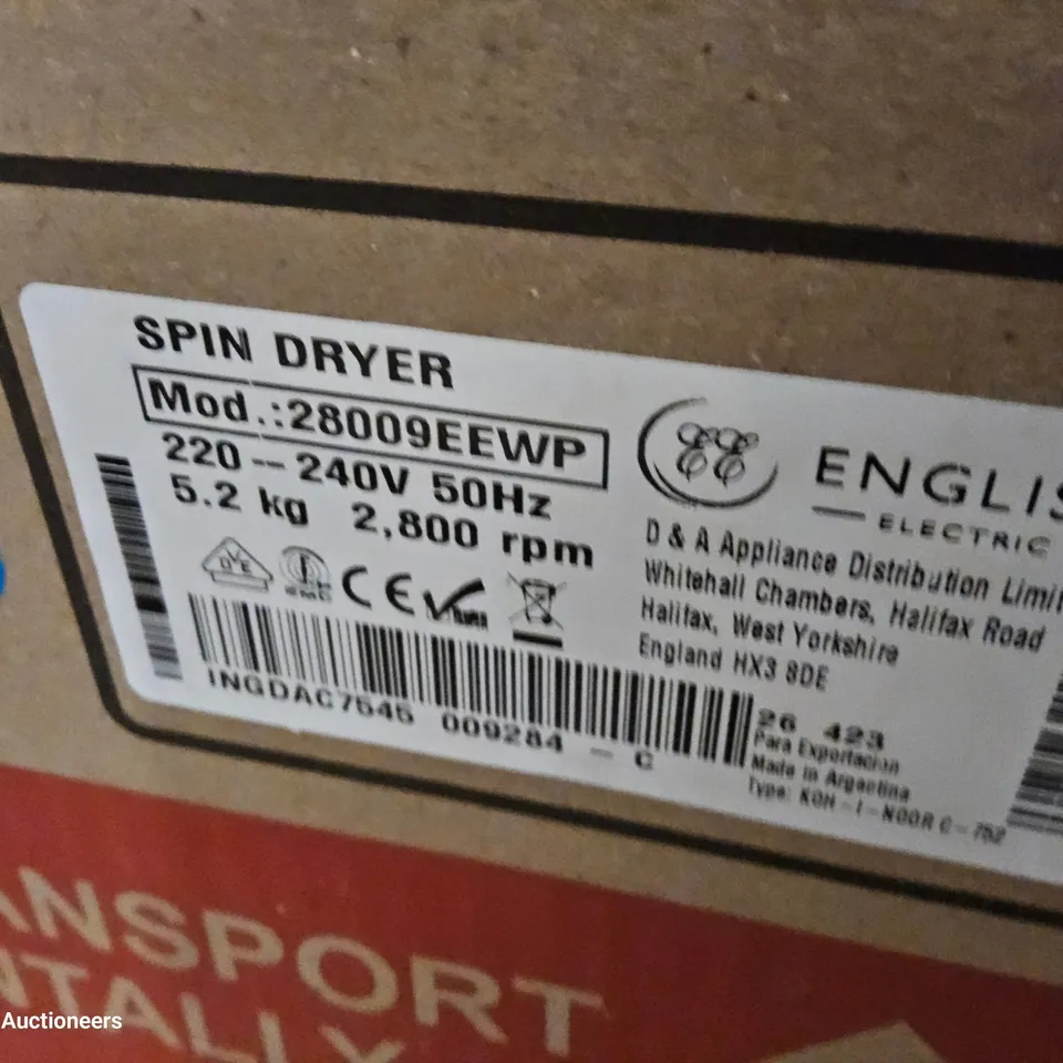 BOXED ENGLISH ELECTRIC SPIN DRYER Model 28009EEWP WHITE