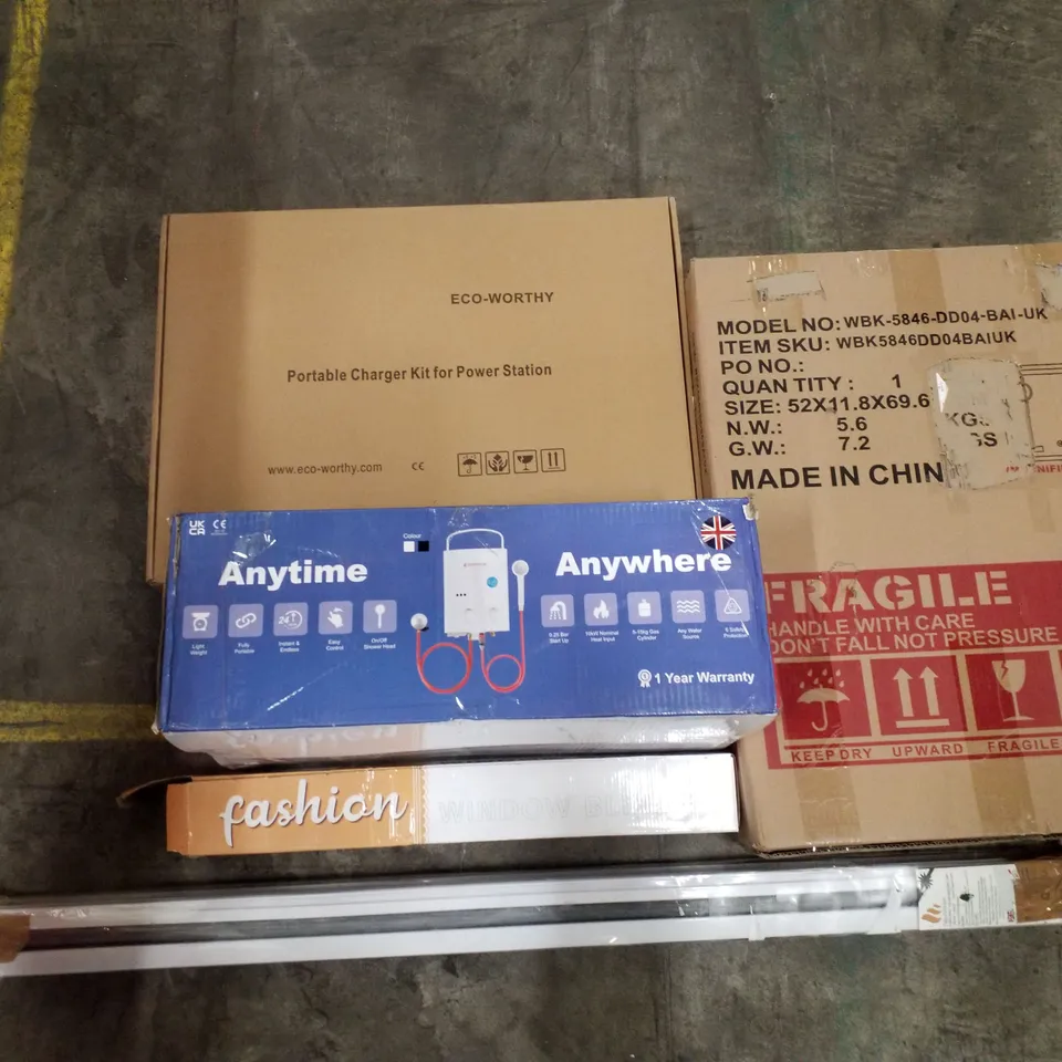 PALLET OF ASSORTED PRODUCTS INCLUDING PORTABLE CHARGER KIT, SHOWER MIXER, WINDOW BLINDS, LED MIRROR, DOUBLE INDUCTION HOB