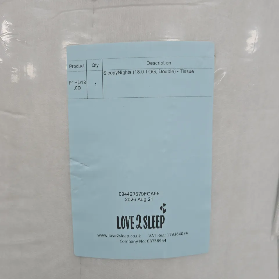 LOVE2SLEEP SLEEPY NIGHTS 18.0 TOG DOUBLE DUVET INSERT (TISSUE PACKAGED)