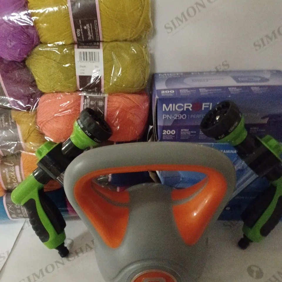 LOT OF APPROX 6 ASSORTED HOUSEHOLD ITEMS TO INCLUDE STYLECROFT YARNS BUNDLE, LF TM EQUIPMENT DUMBELL, EXAMINATION STERILE GLOVES, ETC