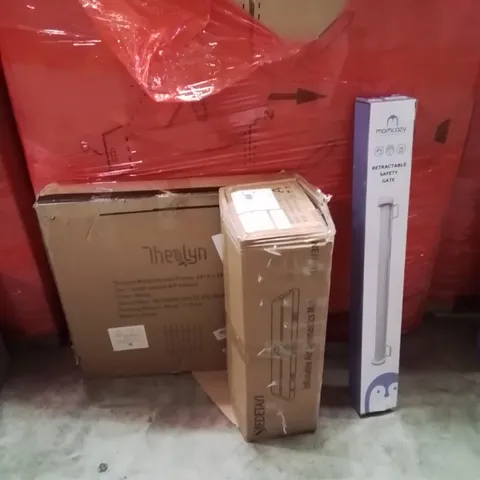 PALLET OF ASSORTED HOUSEHOLD GOODS AND PRODUCTS TO INCLUDE;RETRACTABLE SAFETY GATE,INFLATABLE GYMNASTICS MAT,METAL GARDEN FENCE