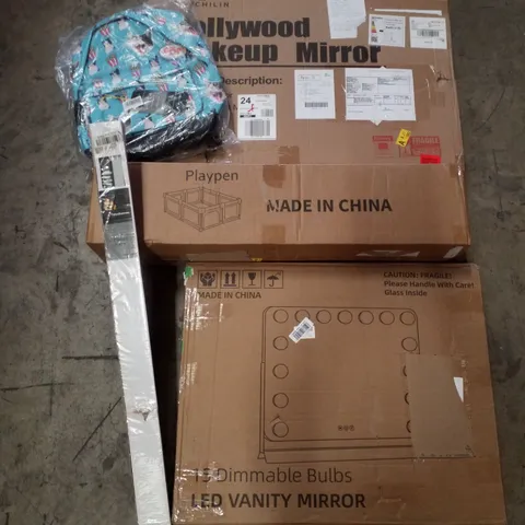 PALLET CONTAINING ASSORTED PRODUCTS INCLUDING HOLLYWOOD MAKEUP MIRROR, PLAYPEN, VENETIAN BLIND, LED VANITY MIRROR & ANGRY CAT BACKPACK