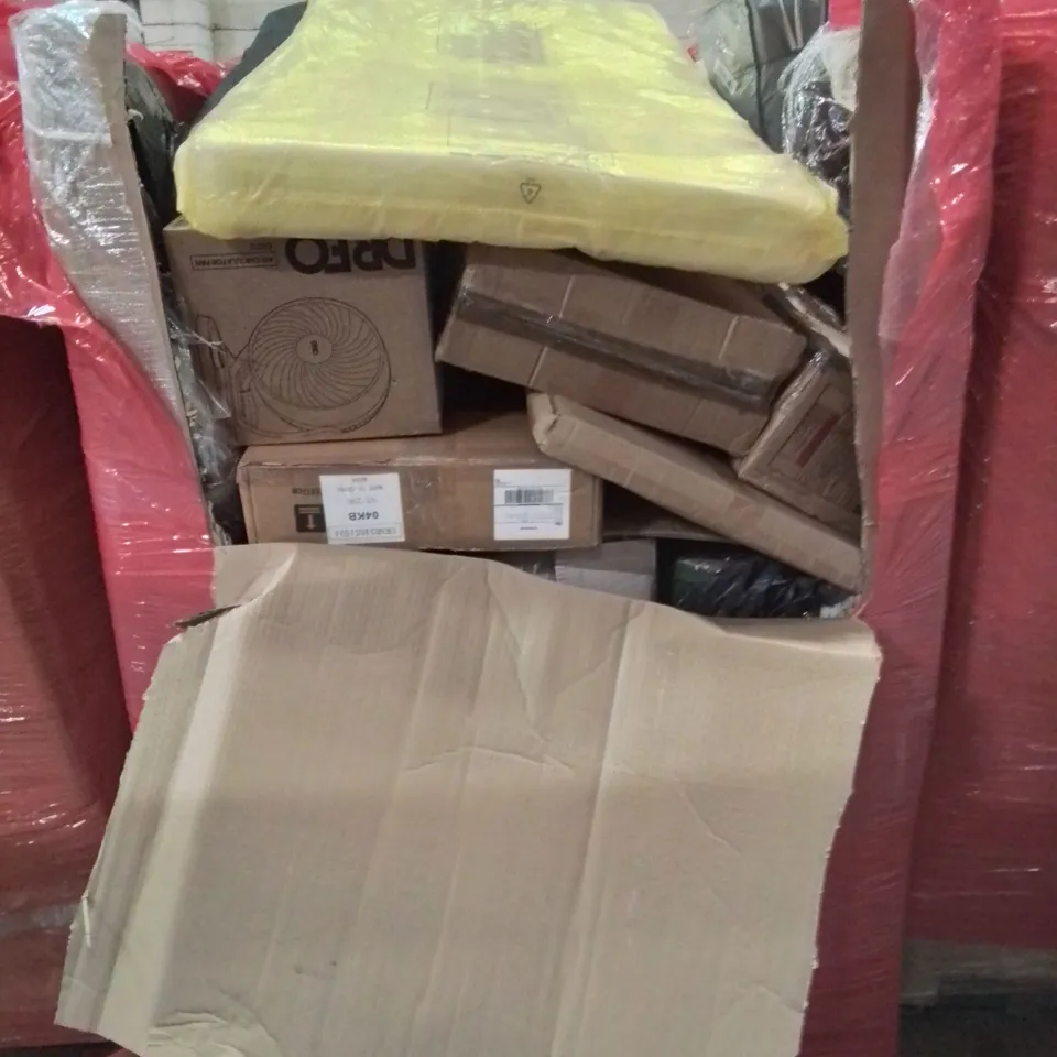 PALLET CONTAINING VARIOUS ASSORTED ITEMS TO INCLUDE: COTBED MATTRESS,  AIR CIRCULATION FANS, KIDS PLAYPEN, AND LOTS MORE UNMARKED BOXED ITEMS 