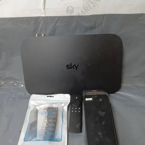 BOX OF APPROXIMATELY 20 ASSORTED ELECTRICAL ITEMS TO INCLUDE SKY TV BOXES, REMOTE CONTROLS AND POWER CABLES