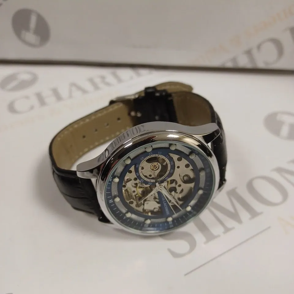 MENS LOUIS LACOMBE AUTOMATIC WATCH – SKELETON DIAL – GLASS EXHIBITION BACK CASE – LEATHER STRAP