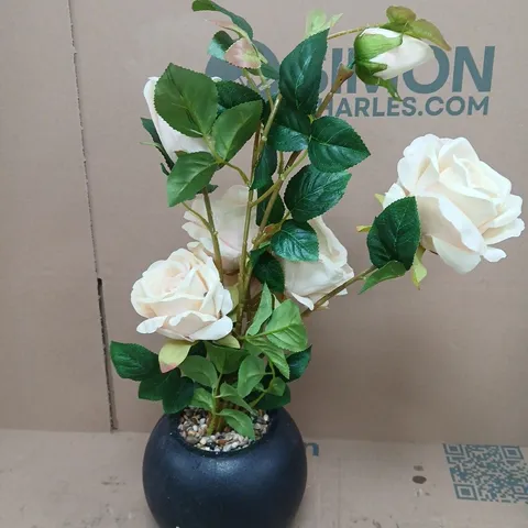 ARTIFICIAL WHITE ROSE PLANT IN BLACK CERAMIC POT