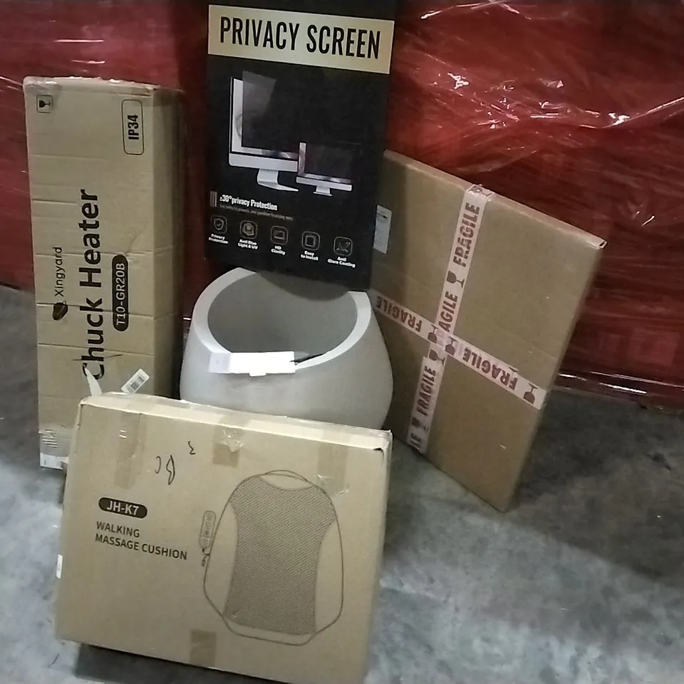 PALLET OF HOUSEHOLD ITEMS TO INCLUDE WALKING MASSAGE CUSHION, PLANT POT, CHUCK HEATER, PICTURE FRAME, PRIVACY SCREEN AND OTHER ASSORTED ITEMS...