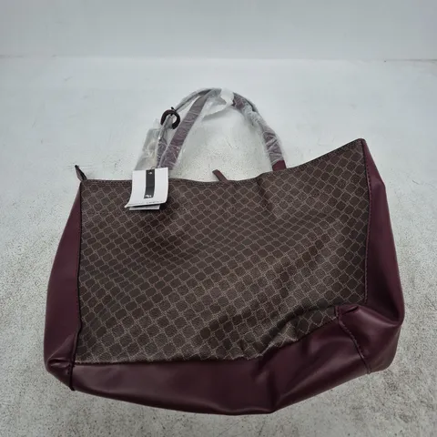 NINE WEST WOMEN’S HANDBAG – BROWN PATTERN WITH BURGUNDY TRIM 