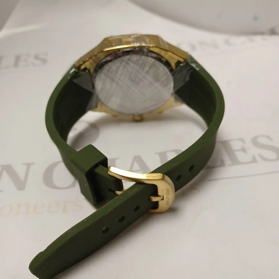 MENS LOUIS LACOMBE CHRONGRAPH WATCH – 3 SUB DIALS – GOLD COLOUR CASE – GREEN RUBBER STRAP