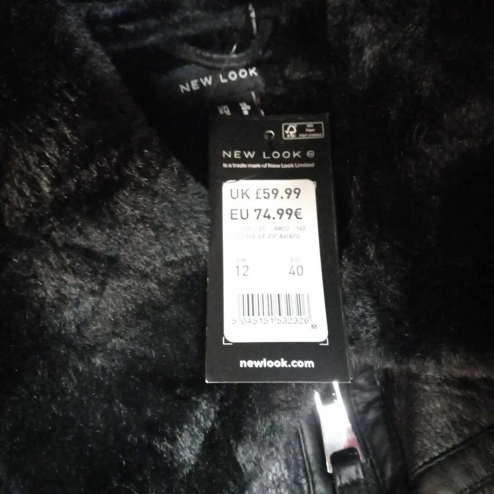 NEW LOOK BLACK LEATHER LOOK FAUX FUR AVIATOR JACKET - SIZE 12