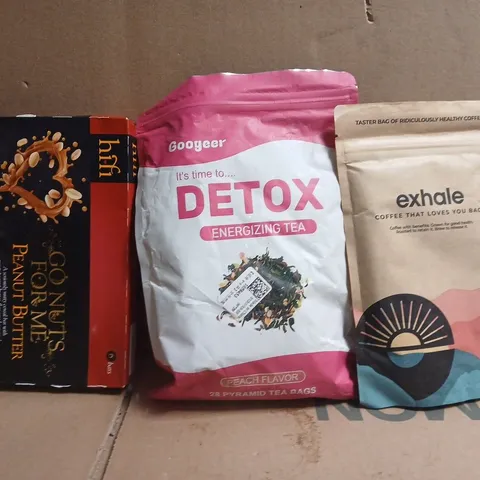 APPROXIMATELY 10 ASSORTED FOOD AND DRINK ITEMS TO INCLUDE EXHALE COFFEE, ENERGIZING TEA, ETC